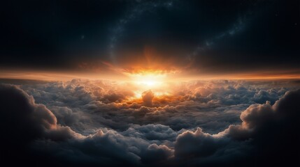 Vibrant sunrise breaks through dark clouds, illuminating the sky in a breathtaking display of color and light Generative AI