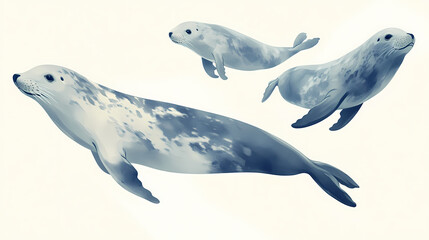 Aquatic mammals like seals and whales, isolated from background, focus on their graceful forms. Ethereal Seals. Illustration