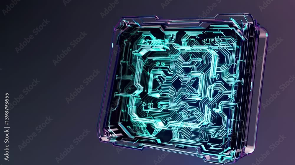 Poster futuristic circuit board in a transparent case, angled side view. neon lighting highlights intricate