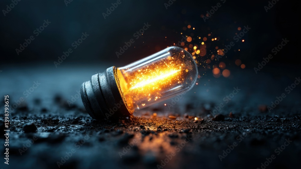 Poster an illuminated lightbulb with sparks creating a glowing display of energy on a dark background.