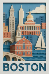 Boston landmarks in layered paper art with cityscape and architectural highlights