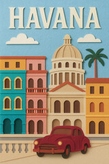 Colorful paper art of Havana with vintage car and historic architecture