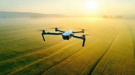 A drone captures a stunning sunrise over a vast agricultural field, showcasing modern farming.