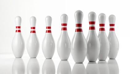 Naklejka premium White bowling pins with red stripes on neck. Set for ten-pin game, isolated on white background. Minimalist setup, ready for sport, hobby, competition, recreation, leisure activities.