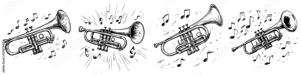 Poster musical instruments display different types of trumpets with musical notes floating around in a vibr