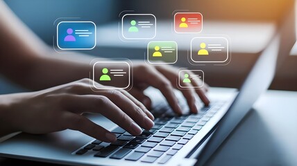 Businessman messaging team with using laptop computer. Collaboration platform. Employee communication and knowledge sharing on discussion forums in internal social network.