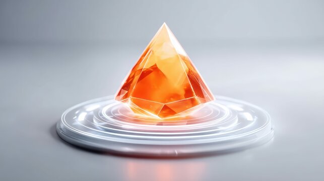 An illuminated orange crystal pyramid radiates on a futuristic, circular platform and a neutral background.
