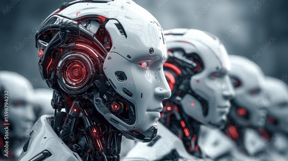Poster a close-up view of futuristic robots in a row, showcasing their detailed features.