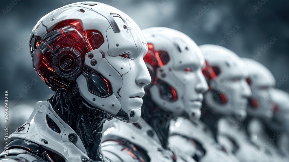 Poster a row of futuristic robots with white and red details, showcasing advanced technology and sleek desi