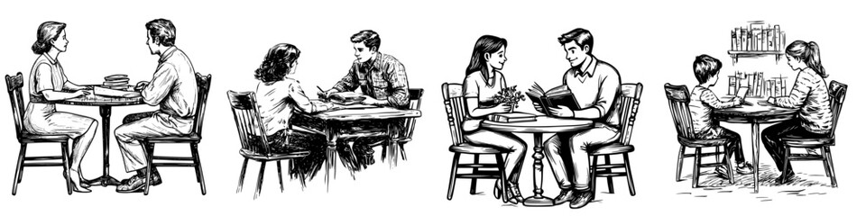 Couples enjoying conversations and meals in cozy settings at various dining tables during a casual afternoon