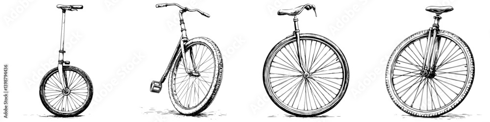Poster evolution of bicycles showcasing four distinct types from unicycle to modern bicycle in a clear prog
