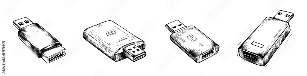 Poster different types of usb flash drives and adapters displayed on a flat surface with a sketchy design