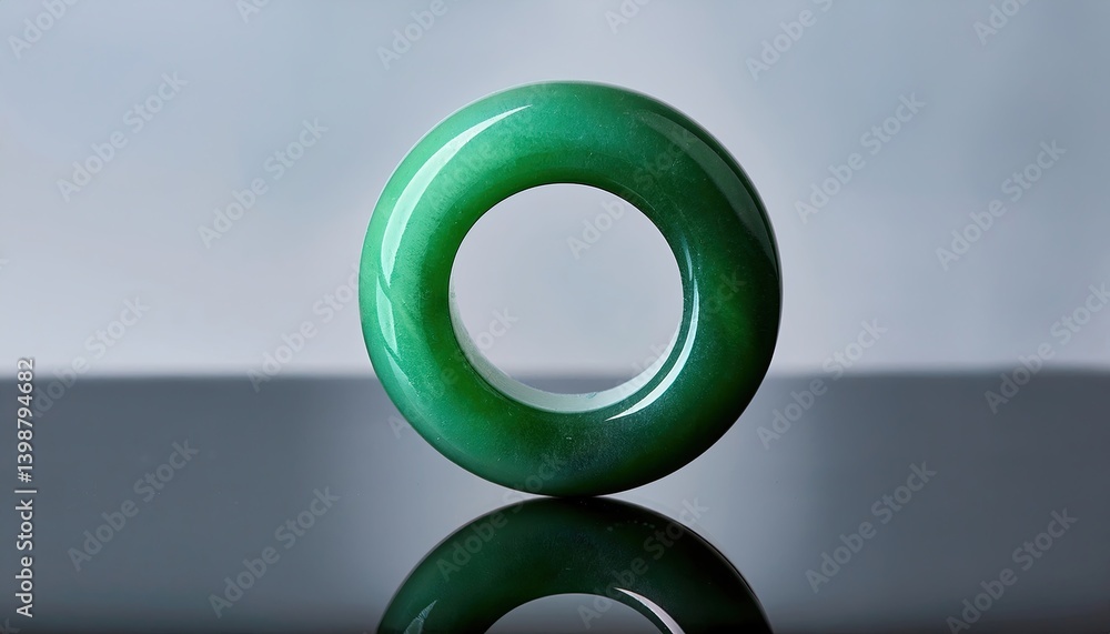 Poster smooth jade ring standing tall on a reflective surface, capturing tranquil light and vibrant color