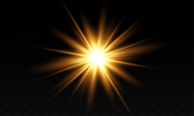 Light effect of light with sun glare. Sun rays bokeh and shimmering dust specks of light. Golden highlights. Vector illustration . 