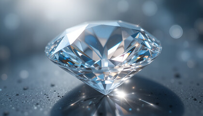 Illustrate a brilliant, multifaceted diamond resting on a textured surface with a soft, bokeh-lit background.


