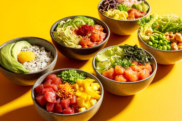 Several bowls of poke bowls with various ingredients like salmon, avocado, rice, and mango are arranged on a yellow background, showcasing a vibrant and healthy meal concept