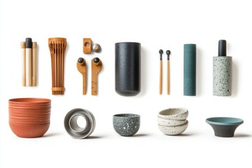 A curated collection of minimalist kitchenware, featuring speckled ceramics, bamboo utensils, and sleek containers.