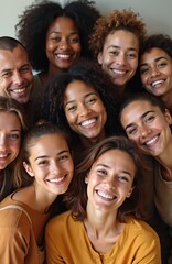Diverse group friends smiling posing. Happy people group of different ethnicities. Mixed race friends smiling. Friendship community happiness joy fun together, smiling faces.