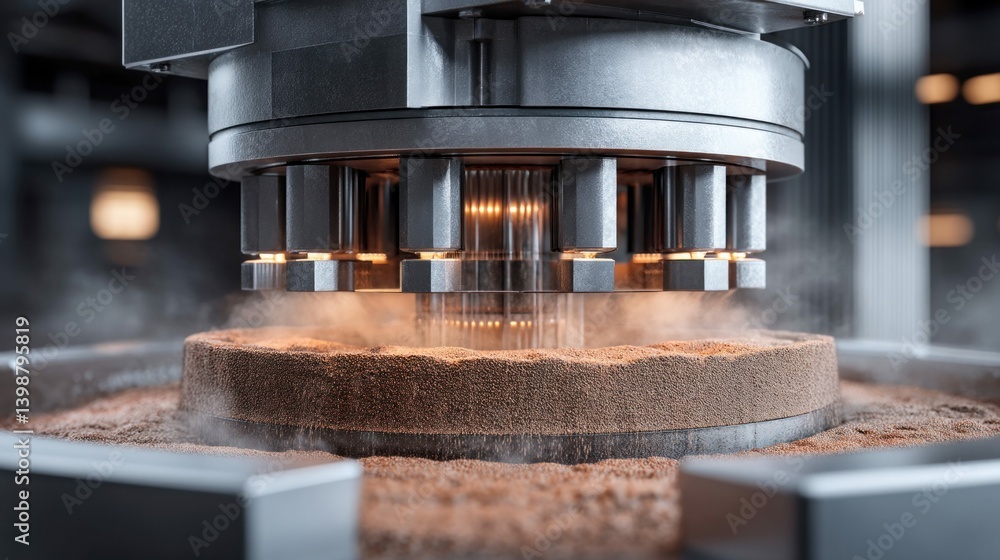 Poster intricate machine in operation, grinding a cylindrical object, generating a hazy dust cloud.