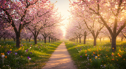 Obraz premium Beautiful cherry blossom trees in full bloom along a scenic path at sunset. A peaceful springtime landscape perfect for travel, romance, and nature-themed