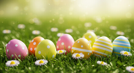 Fototapeta premium Colorful Decorated Easter Eggs in Grass with Daisies and Sunshine – Vibrant Spring Holiday Scene