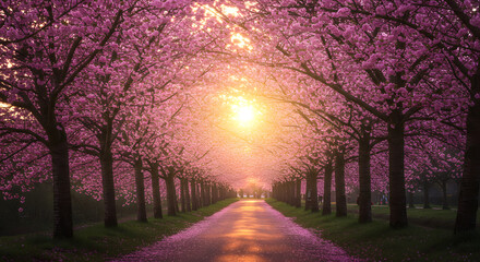 Naklejka premium Beautiful cherry blossom trees in full bloom along a scenic path at sunset. A peaceful springtime landscape perfect for travel, romance, and nature-themed