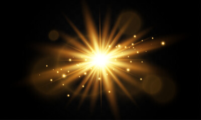 Naklejka premium Lighting effect with glare from sunlight. Bright light. Golden highlights. Rays. Vector illustration.