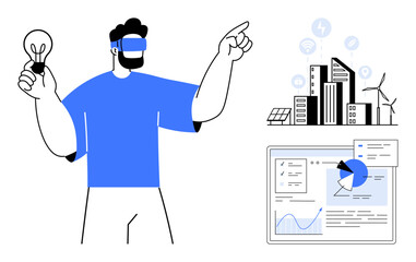 Man wearing VR headset holding lightbulb, pointing towards smart city elements with solar panels, wind turbines, and connected devices. Ideal for innovation, research, data analysis, technology