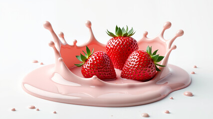 milk or yogurt splash with strawberries isolated on black background, 3d rendering.
