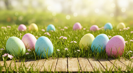 Pastel Easter Eggs on Wooden Planks in Sunlit Grass Field – Vibrant Springtime Scene with Dew Drops