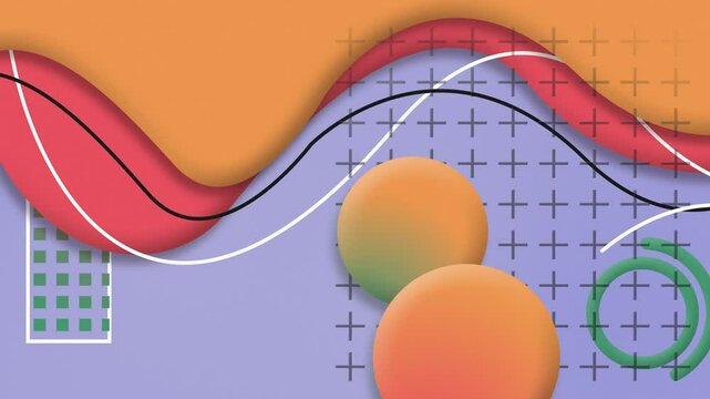 Elegant flowing waves and geometric circles abstract background. Seamless loop animation in soft colors.