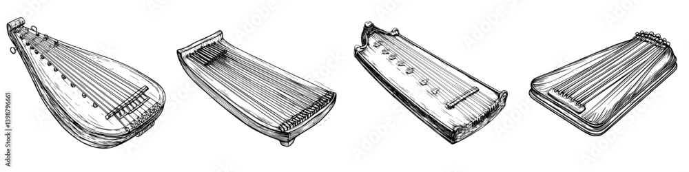 Poster musical instruments displayed in artistic sketches showcasing various designs and shapes typical of 