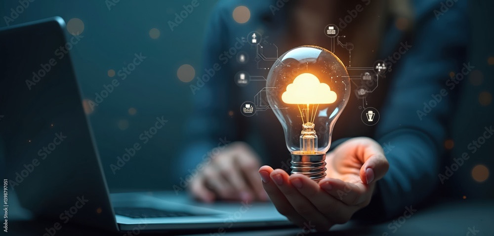 Aufkleber woman holds lightbulb with cloud, database icons. big data, analytics, cloud storage, file transfer,