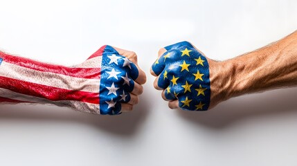 Clenched fists painted with USA and EU flags facing each other symbolizing international tension, trade conflict, tariffs, and global political or economic rivalry