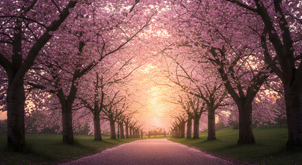 Naklejka premium Beautiful cherry blossom trees in full bloom along a scenic path at sunset. A peaceful springtime landscape perfect for travel, romance, and nature-themed