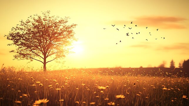 A lone tree stands tall amidst a golden field at sunset.