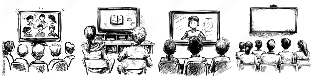 Poster group of people engaged in a virtual learning session at a conference room during daytime with multi