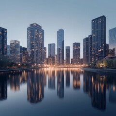 a modern cityscape at dusk where sleek skyscrapers reflect in a calm urban river isolated on a plain background  an urban skyline glowing with the soft hues of dusk