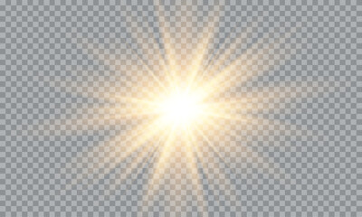 Vector of light with sun glare. Sun rays and glare . Golden flash and glare.