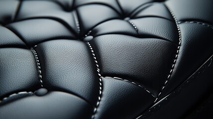 Close up of a black leather quilted pattern with white stitching and button details on the surface