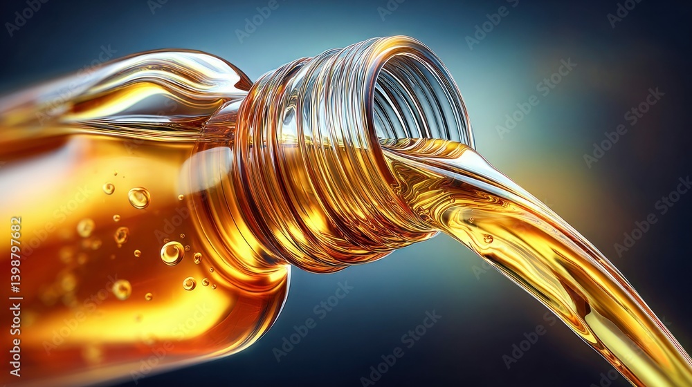 Poster the flowing golden liquid pours from a transparent bottle, creating a visually appealing composition