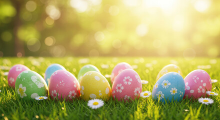 Vibrant Easter Eggs on Grass Field with Sunlight and Bokeh – Close-Up Springtime Holiday Scene