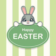 Cute Easter rabbit with a green board for text. Easter bunny. Symbol of Easter. Vector children's illustration.
