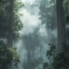 an ancient redwood forest shrouded in thick morning fog isolated on a plain background  towering redwoods partially obscured 