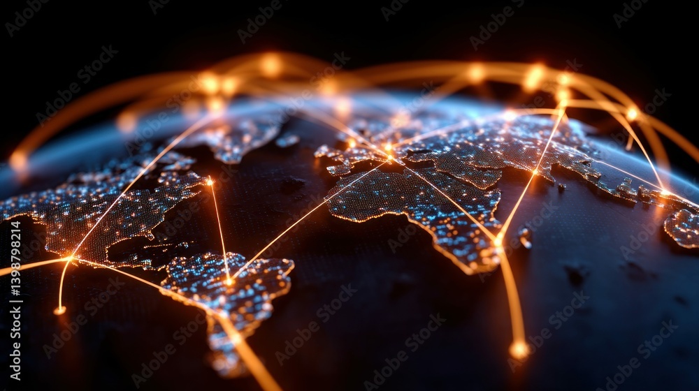 Poster an illuminated world map featuring glowing lines that symbolize worldwide communication and networks