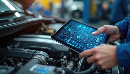 Auto mechanic uses digital tablet to diagnose engine problems in repair shop. Modern diagnostic tool with touchscreen interface. Technician works on vehicle engine with computerized system for car
