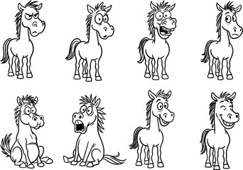 A vector collection of funny horses with a variety of facial expressions — from laughter and surprise to annoyance and fear. Ideal for children's books, calendars and New Year's decorations in 2026.