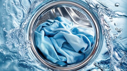 A washing machine is filled with clean, blue clothes surrounded by splashing, clear water.