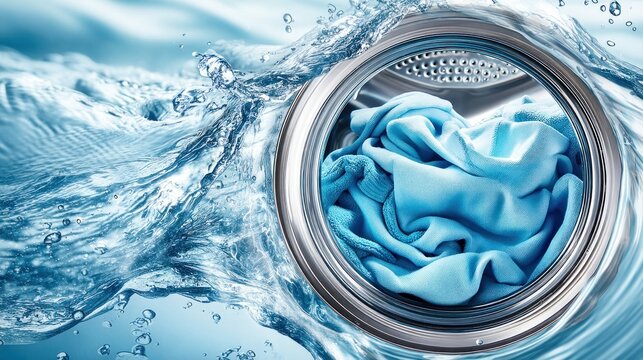 Clean laundry is washed inside a washing machine with a splash of fresh water.