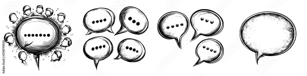 Poster creative speech bubble designs showcasing different styles and interactions among characters in a co